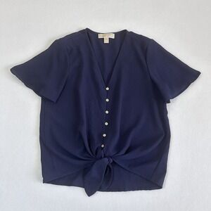 Michael Kors Small Navy Blue Button Down Tie Front V Neck Flutter Sleeve Blouse